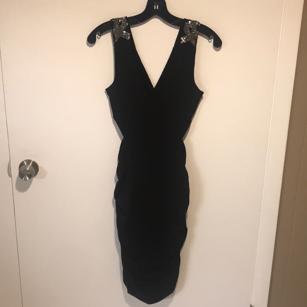 Black Beaded Cut Out Ruched Dress